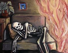 a painting of two skeletons sitting on a couch