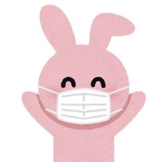 a pink bunny wearing a face mask and standing with its arms up in the air