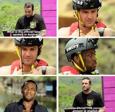 several pictures of the same man wearing helmets and saying, what is the official language in australia?