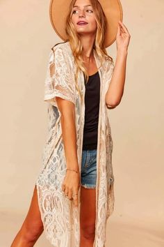 This darling Kimono features a beautiful crochet lace that's a must-have for any vacation or beach day. Wear it over your swimsuit or your go-to jeans and tank! 😆 Bohemian Lace Beach Cover-up, Bohemian Lightweight Cover-up For Beach Party, One Size Summer Beach Cover-up, Lace Beachwear Cover-up For Beach, Spring Beach Party Cover-up With Crochet Trim, Bohemian Summer Cover-up With Crochet Trim, Lightweight Beach Season Cover-up, Stretch Cover-up For Summer Festivals, Fitted Bohemian Cover-up For Vacation