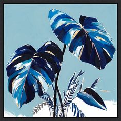 a painting of blue and white leaves against a light blue sky with black trim on the edges