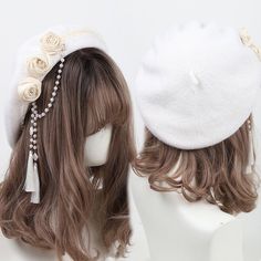 This price is for a hat only, others are not included. Lolita Accessories:Floral Design / Rosette DesignSizeFree SizeHead Circumference56-58 Beret Design, Barret Hat, White Beret, Watches Women Simple, Kawaii Hat, French Hat, Beret Cap, Hats Winter, Harajuku Women