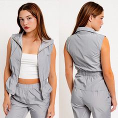 Elevate Your Activewear With This Chic Grey Top Vest & Cargo Jogger Set. This Set Features A Sleeveless Top Vest With: A Zip-Up Front, Adding A Sporty Touch While Ensuring Easy Wear. Paired With Matching Cargo Jogger Bottoms That Have An Elastic Waistband And Cuffs For Maximum Comfort And Flexibility. Made From Lightweight, Breathable Fabric, This Set Is Ideal For Workouts, Casual Outings, Or Simply Lounging In Style. Available Now In Sizes Xs-L. Size: Xs (Us 0-2) Size: S (Us 4-6) Size: M (Us 8- Casual Silver Sleeveless Tank Top, Casual Silver Sleeveless Top, Versace Leggings, Cargo Top, Houndstooth Leggings, Black Athletic Pants, Cargo Vest, Joggers Set, Lululemon Align Pant