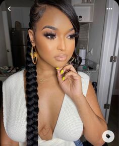 Braided Ponytail With Bangs Black Hair, Bangs With Braided Ponytail, Braided Ponytail Hairstyles With Bangs, Middle Braid Ponytail, Braided Ponytail Side Part, Sleek Ponytail Weave With Braid, Braid Ponytail With Bangs, Sleek Low Braided Ponytail, Cornrow Ponytail With Bangs