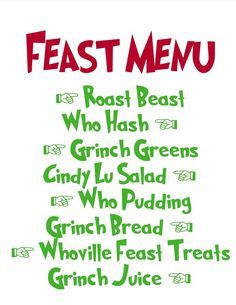 a poster with the words feast menu written in green and red on white paper,