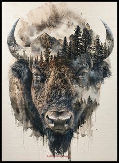 a painting of a bison with trees in the background