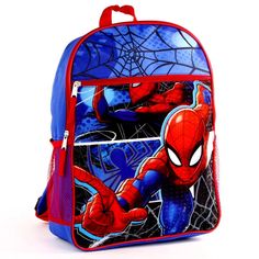 Oversized Licensed Deluxe 16" Backpack With 2 Compartments And Side Bottle Holders. Color: Blue/Red Size: 16"H X 12"W X 5"D Label: Marvel Red Themed Standard Backpack, Themed Red Backpack, Themed Blue Backpack For End Of School Year, Blue Themed School Bags, Themed Blue School Bags, Blue Themed Back-to-school Bag, Themed Red Backpack For School, Themed Red School Backpack, Blue Rectangular Backpack For School Events