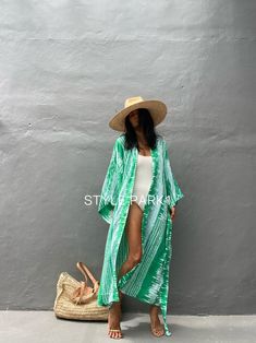 Green Wrap Cover-up For Summer, Green Wrap Summer Cover-up, Green Summer Wrap Cover-up, Summer Green Wrap Cover-up, Green V-neck Kimono For Summer, Silk Wrap Kaftan For The Beach, Casual Silk Kaftan For The Beach, Oversized Long Summer Cover-up, Green Wrap Kimono For The Beach