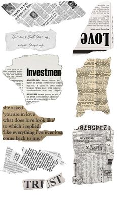 newspaper paper cutouts with words and pictures on them, including the word trust written in black