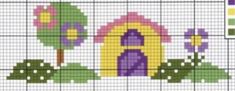 a cross stitch pattern with a house and flowers