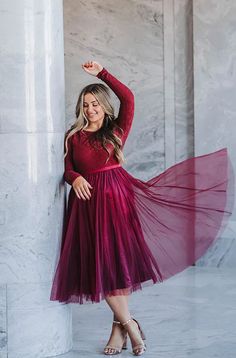 Queen For A Day Burgundy Tulle Skirt - DM Exclusive Quality online women’s modest clothing & accessories boutique. Everything you need at unbeatable prices. Modest dresses Modest bridesmaid dresses, modest missionary dresses, plus size modest fashion, xs-4xl sizes, modest fashion for all bodies, mother of the bride dresses Modest swim designs. One pieces, tankinis, midkinis, and more! Fall Tulle Dress With Flowy Skirt, Flowy Tulle Skirt Dress For Fall, Tulle Skirt Dress For Fall, Fall Full Tulle Skirt Dresses, Winter Party Dress With Flowy Skirt, Winter Party Dresses With Flared Skirt, Burgundy Tulle Skirt, Sister Missionary Dresses, Modest Lace Dress