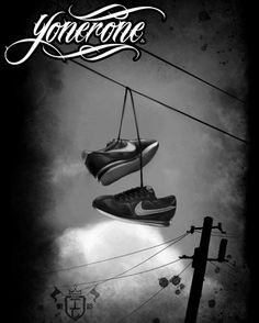 two pairs of shoes hanging from wires with the words you're gone above them