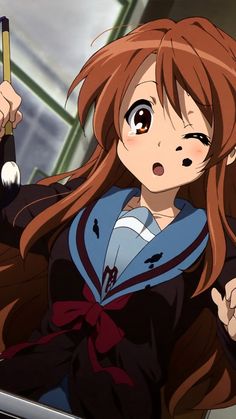 an anime character with long red hair and brown eyes, holding a stick in her hand