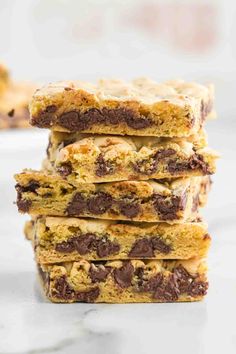 chocolate chip cookie bars stacked on top of each other