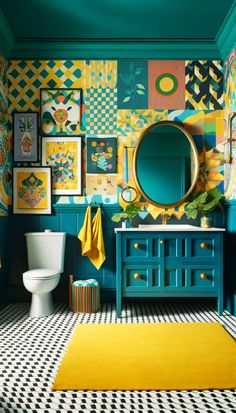 a bathroom decorated in bright colors and patterns