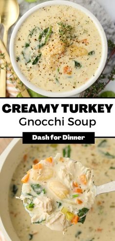 creamy turkey gnocchi soup in a white bowl with a spoon on the side