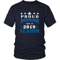 a black t - shirt with the words proud dad of a senior in blue and white stars