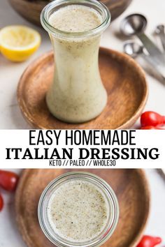 homemade italian dressing in a glass jar on a wooden plate with cherry tomatoes and lemons