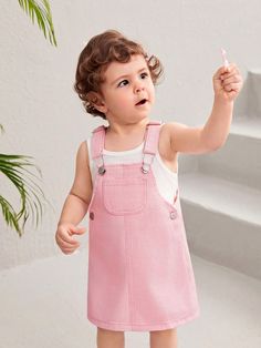 Pink  Collar Sleeveless Denim Plain Dress Embellished Non-Stretch  Baby Girls Clothing Cute Summer Denim Dress With Pockets, Cute Denim Dress With Pockets For Summer, Cute Denim Dress For Playtime, Summer Pink Denim Dress, Sleeveless Denim Playtime Dress, Sleeveless Pink Denim Dress, Girls Denim Dress, Baby Girl Denim Dress, Pink Cotton Machine Washable Bib