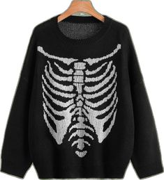 Gothic Crew Neck Winter Sweater, Halloween Punk Long Sleeve Sweater, Gothic Crew Neck Sweater For Winter, Punk Crew Neck Sweater For Fall, Black Gothic Sweater For Halloween, Winter Long Sleeve Sweater With Skull Print, Halloween Grunge Long Sleeve Sweater, Edgy Oversized Halloween Sweater, Edgy Oversized Sweater For Halloween