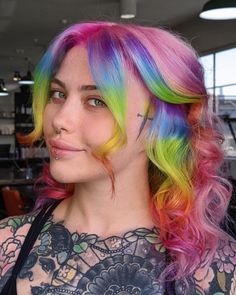 Split Hair Color Pink, Pink Hair With Rainbow Highlights, Rainbow Bangs Fringes, Rainbow Hair Front Pieces, Multi Coloured Hair Ideas, Rainbow Pink Hair, Pink Hair Rainbow Highlights, Rainbow Curtain Bangs, Rainbow Hair Placement