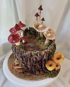 a cake decorated with mushrooms and moss on a plate