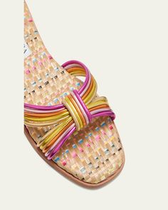 Aquazzura "Film" strappy multicolored leather sandals    0.17 in / 5 mm flat heel    Open toe    Slide style    Lining: Leather    Leather outsole    Made in Italy Latest Sandal, Kitten Heel Sandals, Chunky Sandals, Powder Pink, Metallic Leather, Bergdorf Goodman, Strappy Sandals, Slide Sandals, Leather Sandals