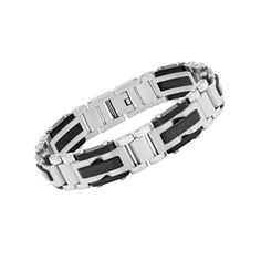 This stylish stainless steel mens bracelet complements both day and evening looks. Two-tone coloration allows this bracelet to match with a variety of different outfits, whether its dressing up for something formal, or down for casual. Crafted in stainless steel, this intricate bracelet is tarnish resistant, hypoallergenic, durable, and lightweight so you can wear with joy and confidence every day of the week. Size: one size. Color: Silver. Gender: male. Age Group: adult. Modern Black Bracelets, Modern Black Stainless Steel Wristband, Classic Stainless Steel Wristband Bracelet, Masculine Black Stainless Steel Bracelets, Classic Stainless Steel Bracelets In Gunmetal, Classic Gunmetal Stainless Steel Bracelets, Classic Black Stainless Steel Chain Bracelet, Modern Silver Wristband With Stainless Steel Clasp, Classic Stainless Steel Bracelet With Clasp