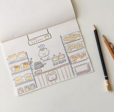 a drawing of a bakery with breads and pastries on the counter next to two pencils