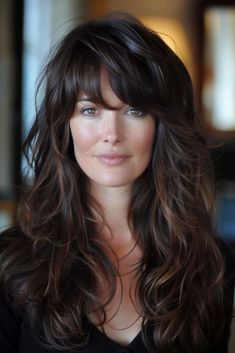 80 Stunning Long Layered Hair With Bangs Styles: From Straight To Curtain 2024 6 Butterfly Haircut On Brunette, Long Layered Hair With Side Part, Side Bangs Round Face, Locks With Bangs, Layered Hair With Side Bangs, Long Layered Hair With Side Bangs, Hair With Side Bangs, Long Layered Hair With Bangs, Bangs Round Face