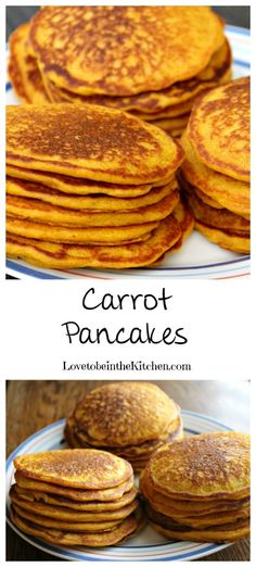 some pancakes are on a plate with the words carrot pancakes above it and below them