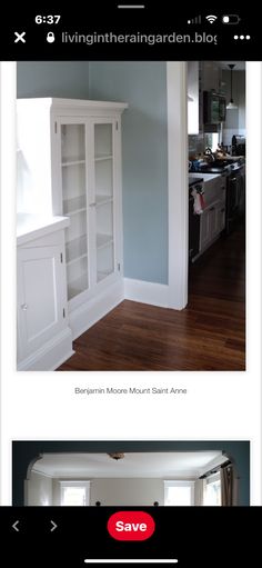 the before and after shots of an empty living room with white bookcases in it