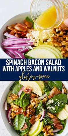 spinach, bacon salad with apples and walnuts in a white bowl on a table