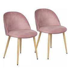 pair of pink velvet dining chairs with wooden legs, set of 2 for home or office