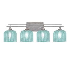 four light bathroom fixture with glass shades on the bottom and metal bar in the middle