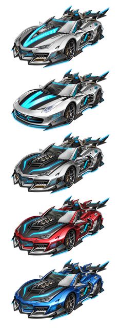 four different types of racing cars are shown in this drawing style, each with blue and red stripes