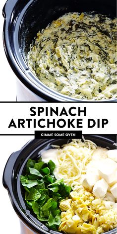 spinach artichoke dip in the crock pot with cheese and spinach