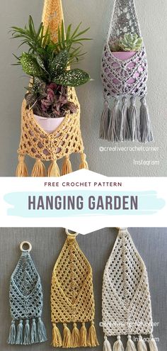 three crocheted hanging garden pots with plants in them and text overlay that says free crochet pattern