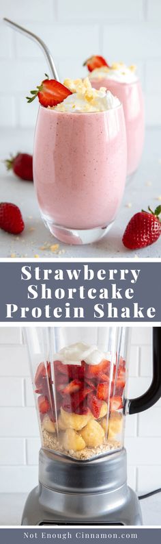 strawberry shortcake protein shake in a blender