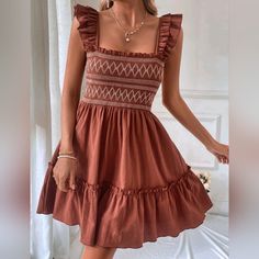 New Boho Embroidered Smocked Babydoll Dress Cotton * Sleeveless * Layered Ruffle Trim Strap * Embroidered Smock Stretch Tube Top * High Waist * A Line * Ruffle Trim Skirt *Approximate Unstretched Measurements* Xs (2) * Bust 29"(Up To 34") * Length 32.75" Small (4)* Bust 30.5"(Up To 35.25") * Length 33" Medium (6) * Bust 32.25"(Up To 37") * Length 33.5" Large (8/10) * Bust 34.5"(Up To 39.25") * Length 34" Xl (12) * Bust 37"(Up To 41.5") * Length 34.5" On Order * Will Ship In Approx 6-10 Days Fabr Brown Smocked Bodice Dress For Vacation, Cotton Smocked Dress With Square Neck For Beach, Vacation Dresses With Smocked Bodice In Brown, Brown Vacation Dresses With Smocked Bodice, Brown Dress With Smocked Bodice For Vacation, Brown Square Neck Dresses With Ruffles, Cotton Smocked Dress With Ruffle Hem For Beach, Brown Smocked Dress For Summer, Brown Smocked Back Dress For Summer