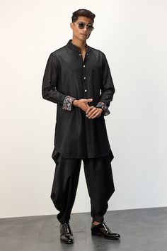 Black short kurta with floral print and thread embroidery. Comes with dhoti pant. - Aza Fashions Black Traditional Wear With Floral Embroidery, Black Bandhgala With Floral Embroidery For Designer Wear, Black Traditional Wear With Floral Embroidery For Navratri, Traditional Black Sherwani With Floral Embroidery, Festive Black Bandhgala With Floral Embroidery, Designer Black Bandhgala With Floral Embroidery, Black Kurta With Floral Embroidery In Traditional Drape, Black Kurta With Floral Embroidery And Traditional Drape, Black Embroidered Fabric With Dabka For Eid