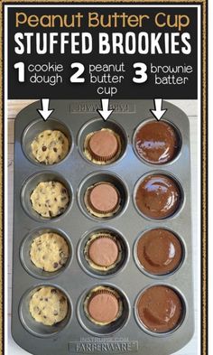 the peanut butter cup stuffed cookies are in a muffin tin with instructions to make them