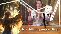 a woman is holding up an electronic device with wings on it and the words, no drilling no cutting