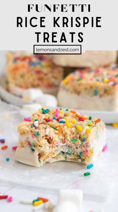 a slice of rice krispie treats with sprinkles on top and the text overlay reads funfetti rice krispies treats