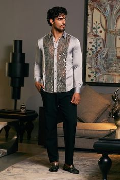 Steel lycra satin shirt with beads and sequins embroidered dripping tuxedo panel. - Aza Fashions Sequence Kurta For Men, Luxury Embellished Men's Kurta, Draped Kurta For Men, Sequin Kurta Men, Black Sequin Kurta Men, Men Shirts Casual, Panel Shirt, Embroidered Beads, Grey Beads