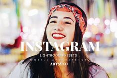 a woman with long hair wearing a bandana and smiling at the camera text instagram lightroom presets mobile and desktop