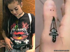 a woman with a tattoo on her left hand and an image of a person's finger