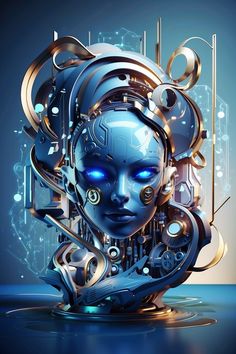 an artistic digital painting of a woman's face with blue eyes and gears in her hair