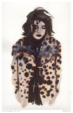 a painting of a woman wearing a fur coat with black spots on it and her hair blowing in the wind