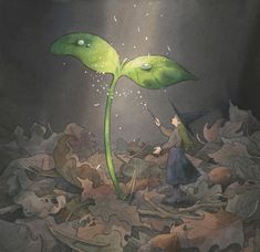 a painting of a person standing next to a green plant with sprinkles on it